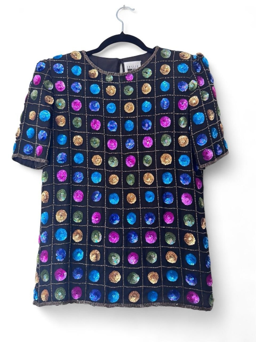 Leslie Fay Black Short Sleeve Top with Multicolor Sequin Dots